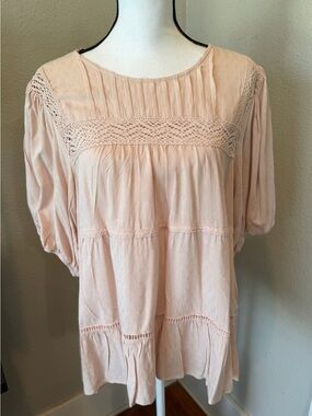 Knox Rose Blush Crochet Yoke Peasant Tunic